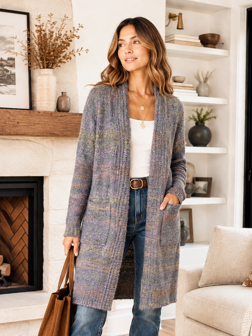 Lovestitch Long Knit Open Front Cardigan | Heathered Gray | Cozy Chic | Size L